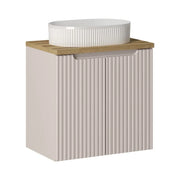 Set VANO cachemire e quercia 60cm: mobile sottolavabo con armadietti + top per lavabo + lavabo da appoggio bianco scanalato