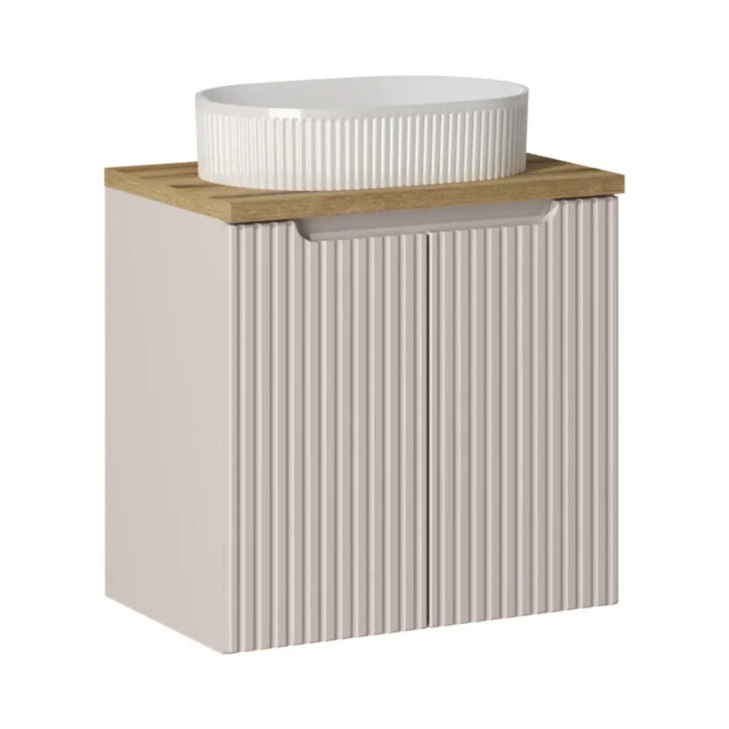 Set VANO cachemire e quercia 60cm: mobile sottolavabo con armadietti + top per lavabo + lavabo da appoggio bianco scanalato