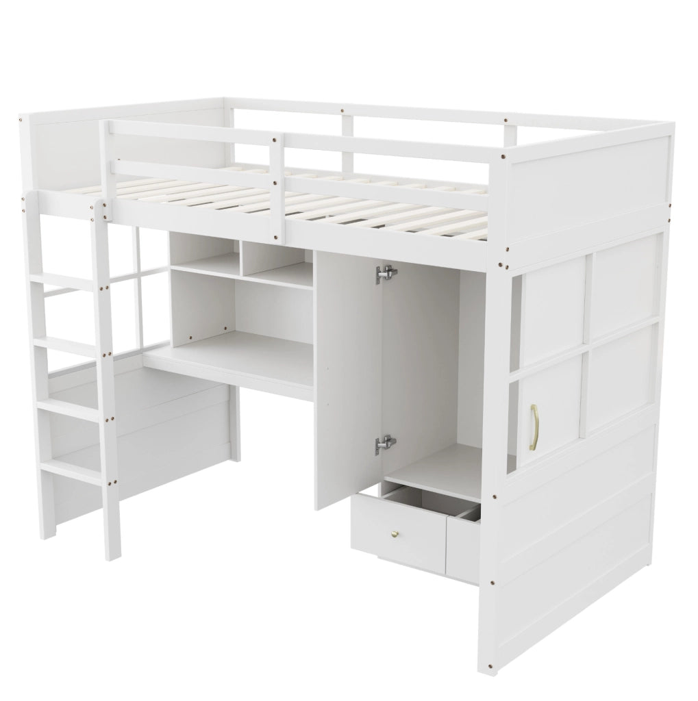 Letto a soppalco 90x200 cm con scrivania; armadio e cassetti; bianco e legno