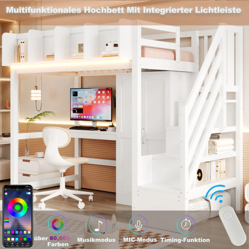 DESMIU Letto a soppalco 1 posto 90 × 200 cm con scrivania, armadio, LED e presa, senza materasso, in legno, bianco