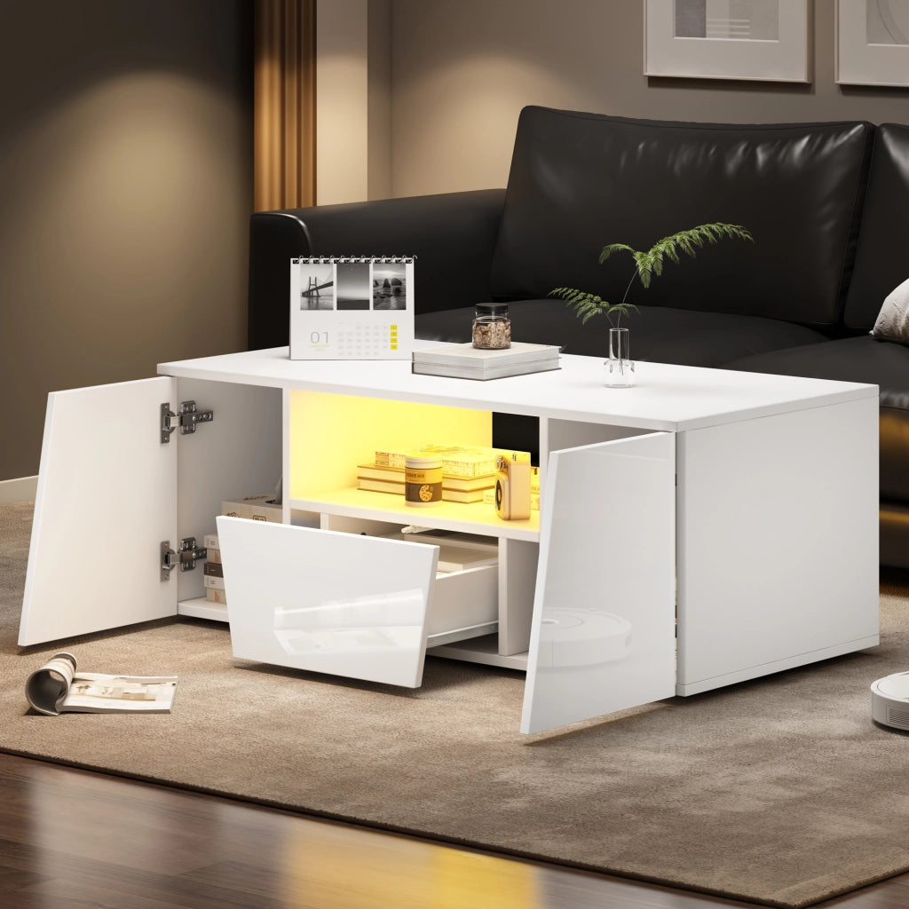 TAVOLINO DA SALOTTO LED 100x50x40 cm Bianco in Truciolare con 2 Armadietti e 1 Cassetto