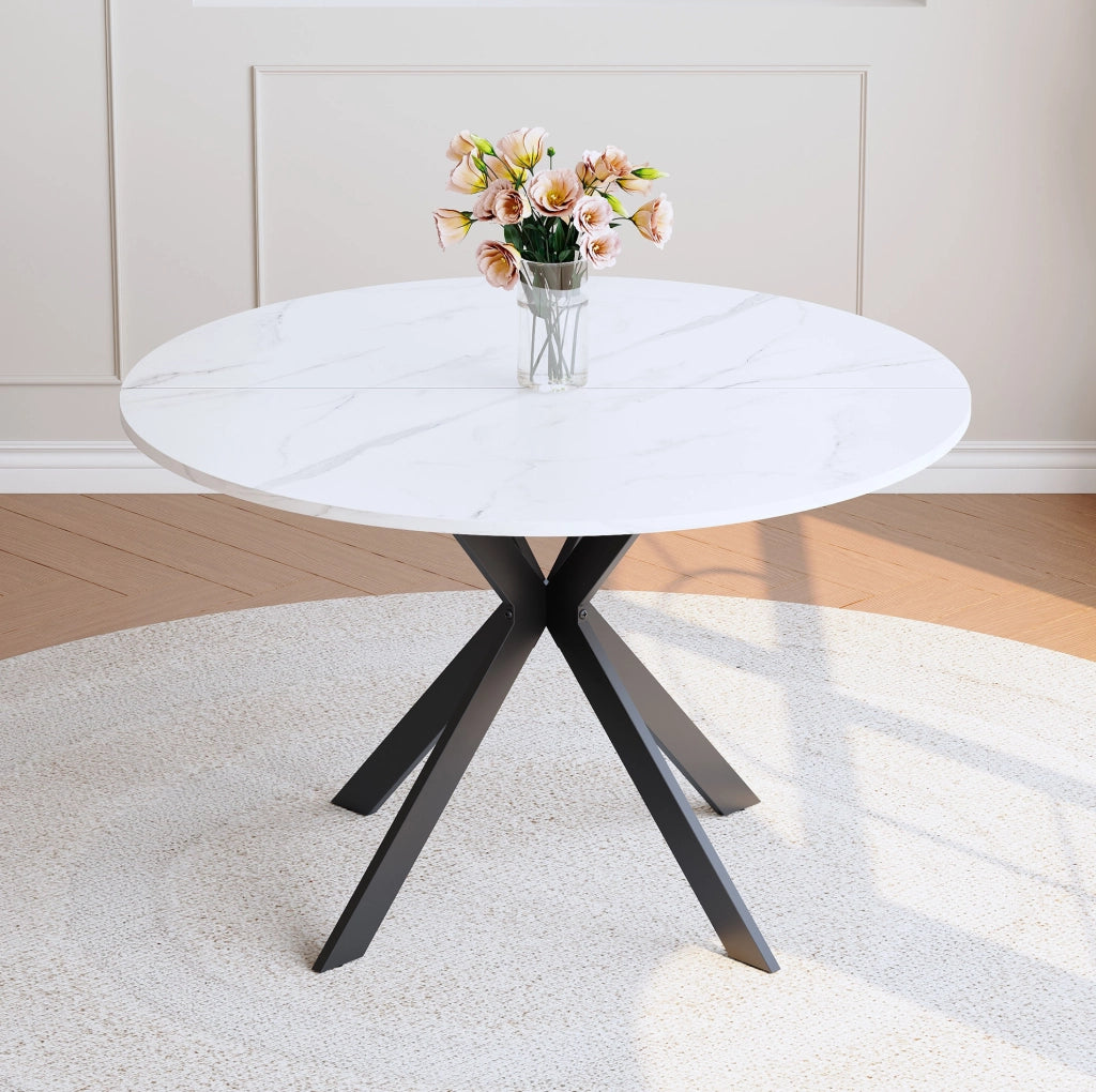 Tavolo da pranzo rotondo 110 cm in MDF effetto marmo bianco con gambe nere in metallo