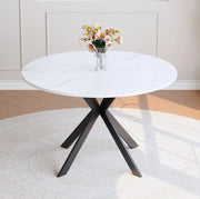 Tavolo da pranzo rotondo 110 cm in MDF effetto marmo bianco con gambe nere in metallo
