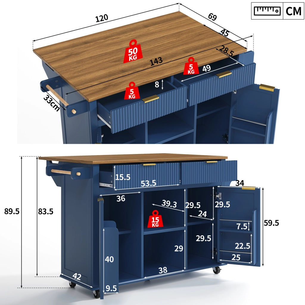 Isola da cucina su ruote con piano ribaltabile, 2 cassetti, 2 ante e porta spezie, colore blu e legno
