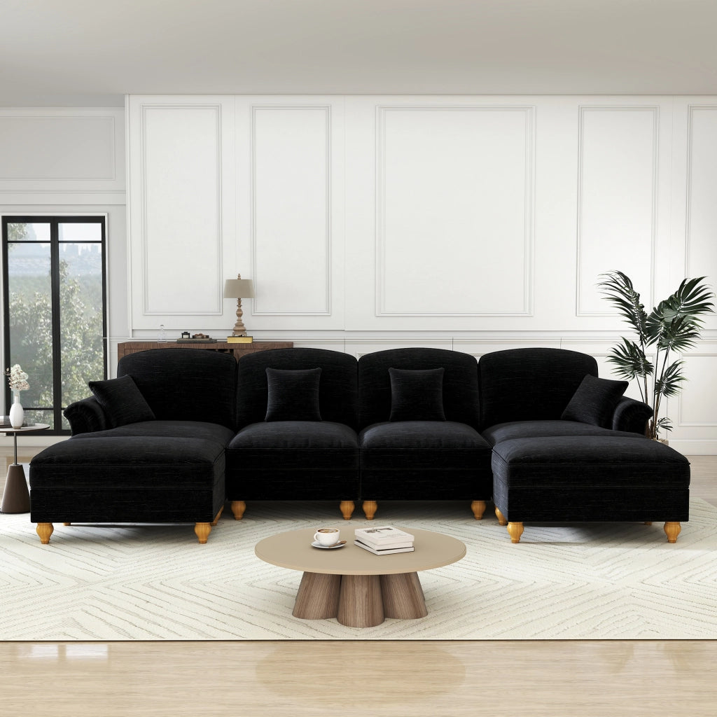 Divano U 4 Posti in Chenille con Poggiapiedi ¨C MINIMAL ¨C Nero, Gambe, Braccioli