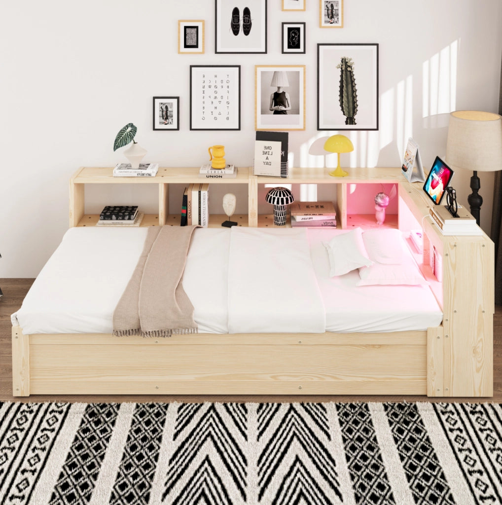 Letto multifunzione 90x200 cm con presa; LED e contenitori in MDF colore naturale
