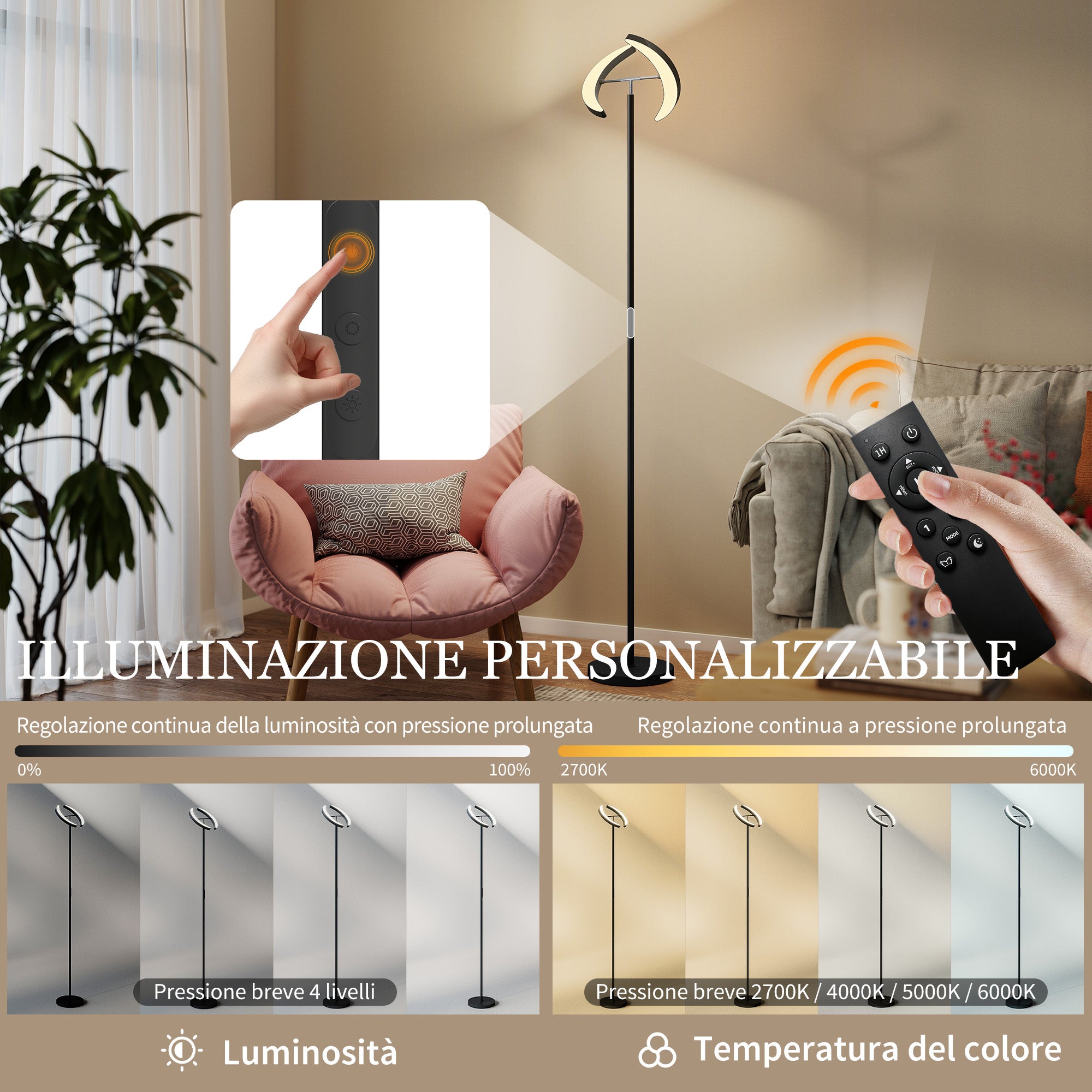 Lampada da Terra Dimmerabile 2700K-6000K con Telecomando e Doppia Testa Girevole a 350° Nero