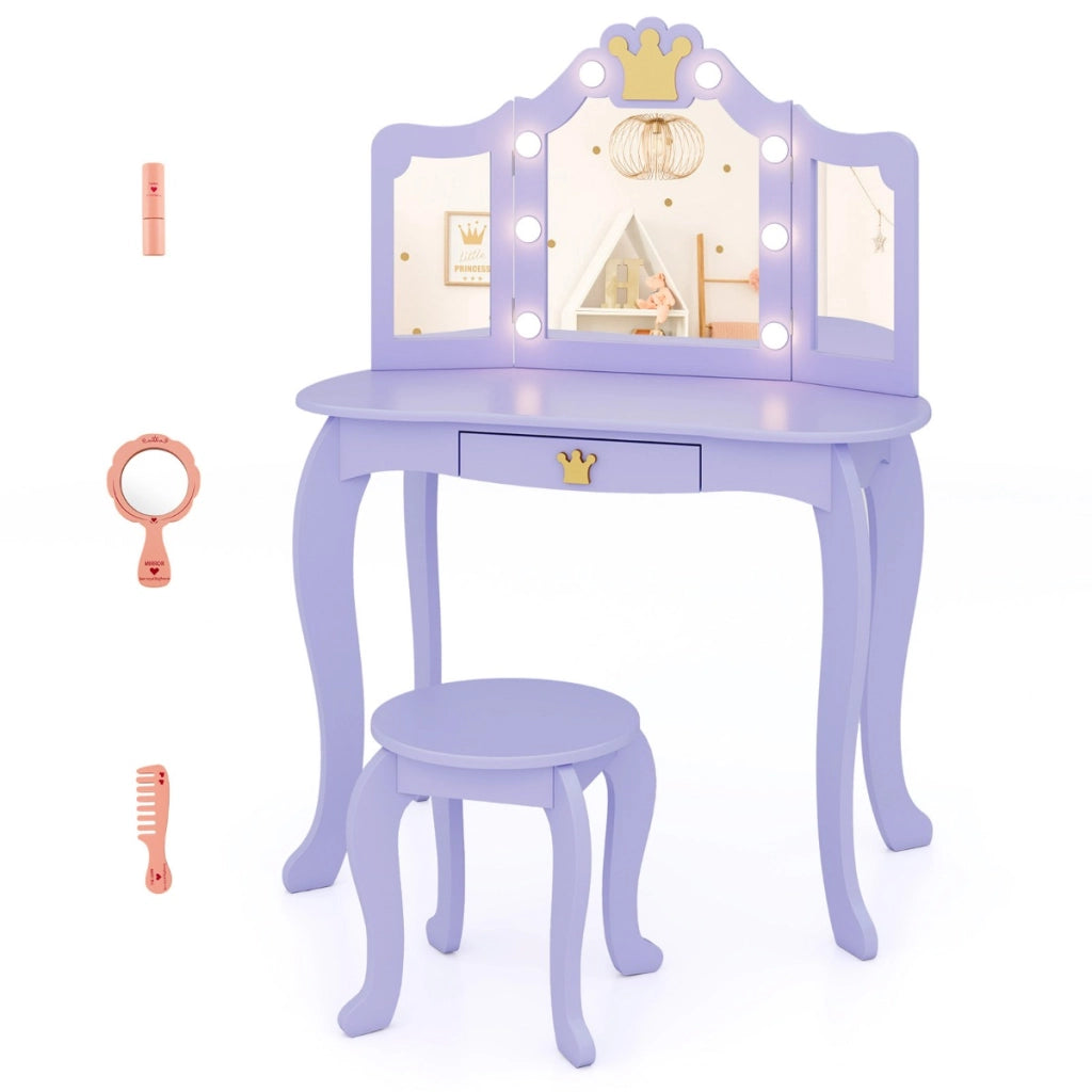 Set da trucco per bambini con specchio illuminato, Set da trucco con tavolo e sedia con specchio Viola