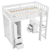 Letto a Soppalco 90x200 cm; 1 Posto - LED; USB; Scrivania; 4 Cassetti e Armadio - Bianco
