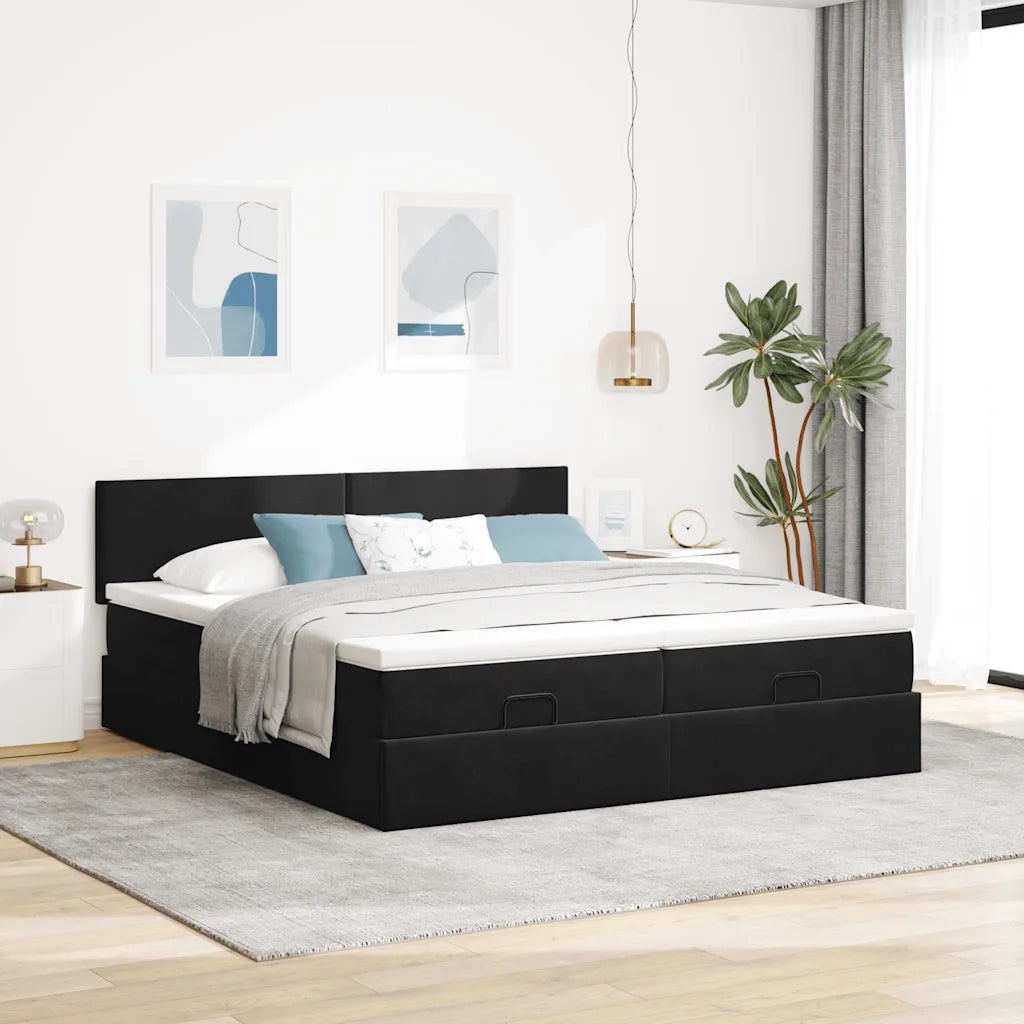 Struttura Letto Pouf con Materassi Nero 180x200 cm in Velluto