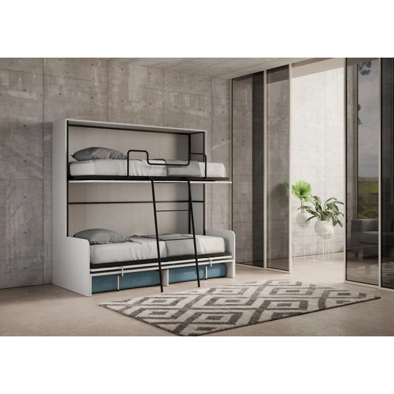 Letto doppio a scomparsa Kando con divano , azzurro - Bianco Frassino