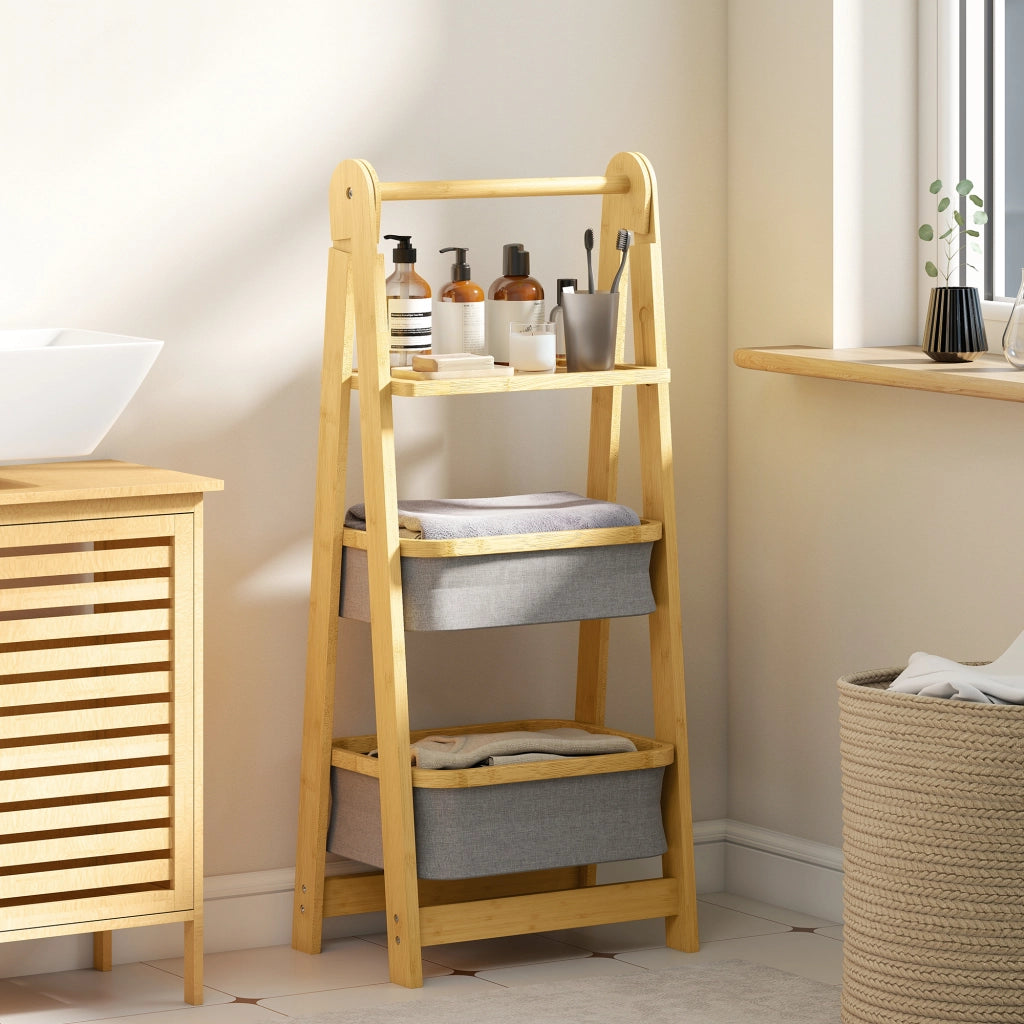 Ripiano Pieghevole per Bagno in Bamb¨´ con 2 Cestini per Biancheria ¨C zephmum ¨C Grigio 40x30x40 cm