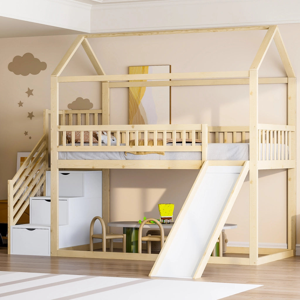 LETTO a soppalco per bambini con scivolo e scala contenitore 90x200 cm legno