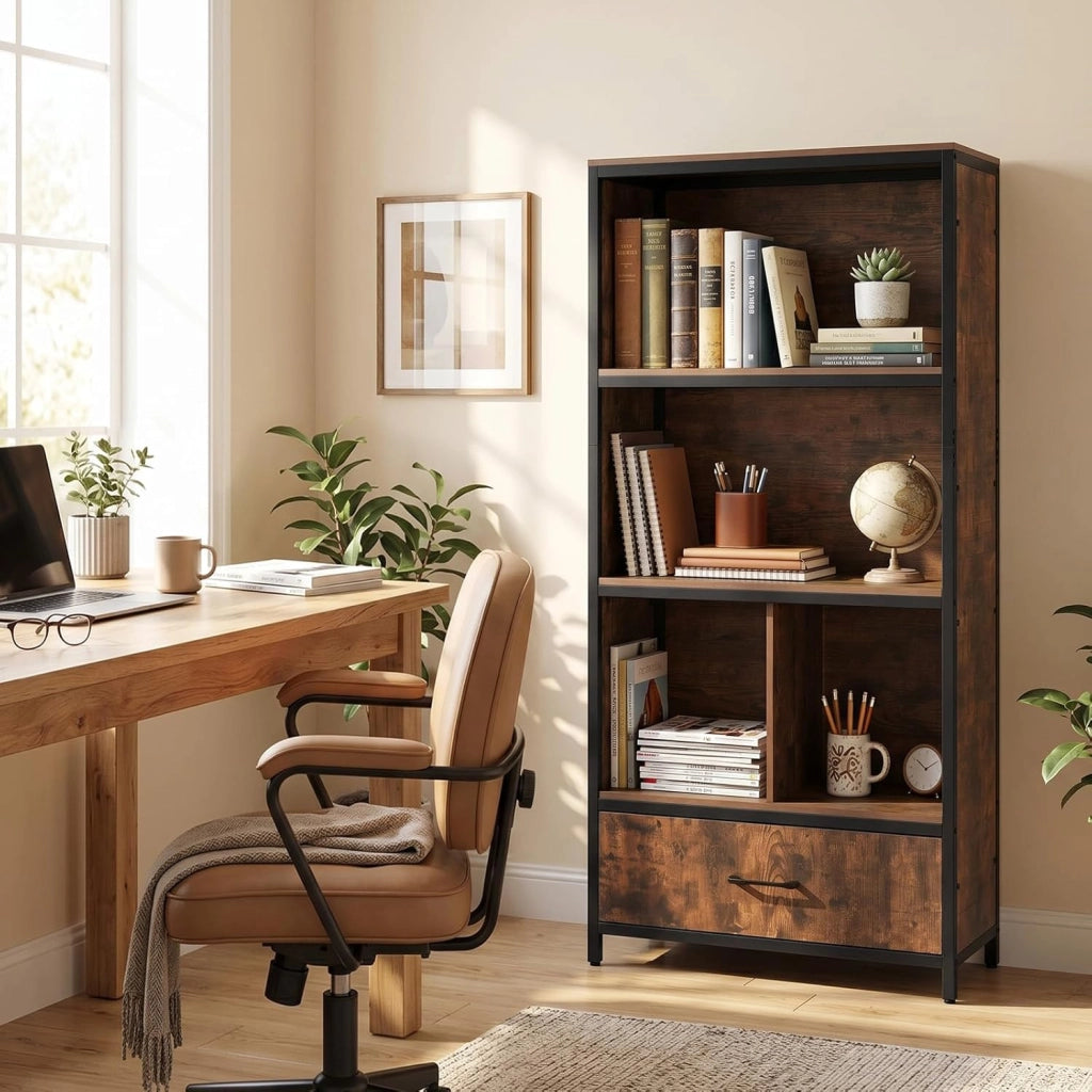 Libreria da Parete con Piano Superiore Ampio, 2 Grandi Scomparti, 2 Piccoli Scomparti e un Cassetto, Mobile Alto a 5 Livelli con 2 Accessori Antiribaltamento per Ufficio e Studio (Marrone)