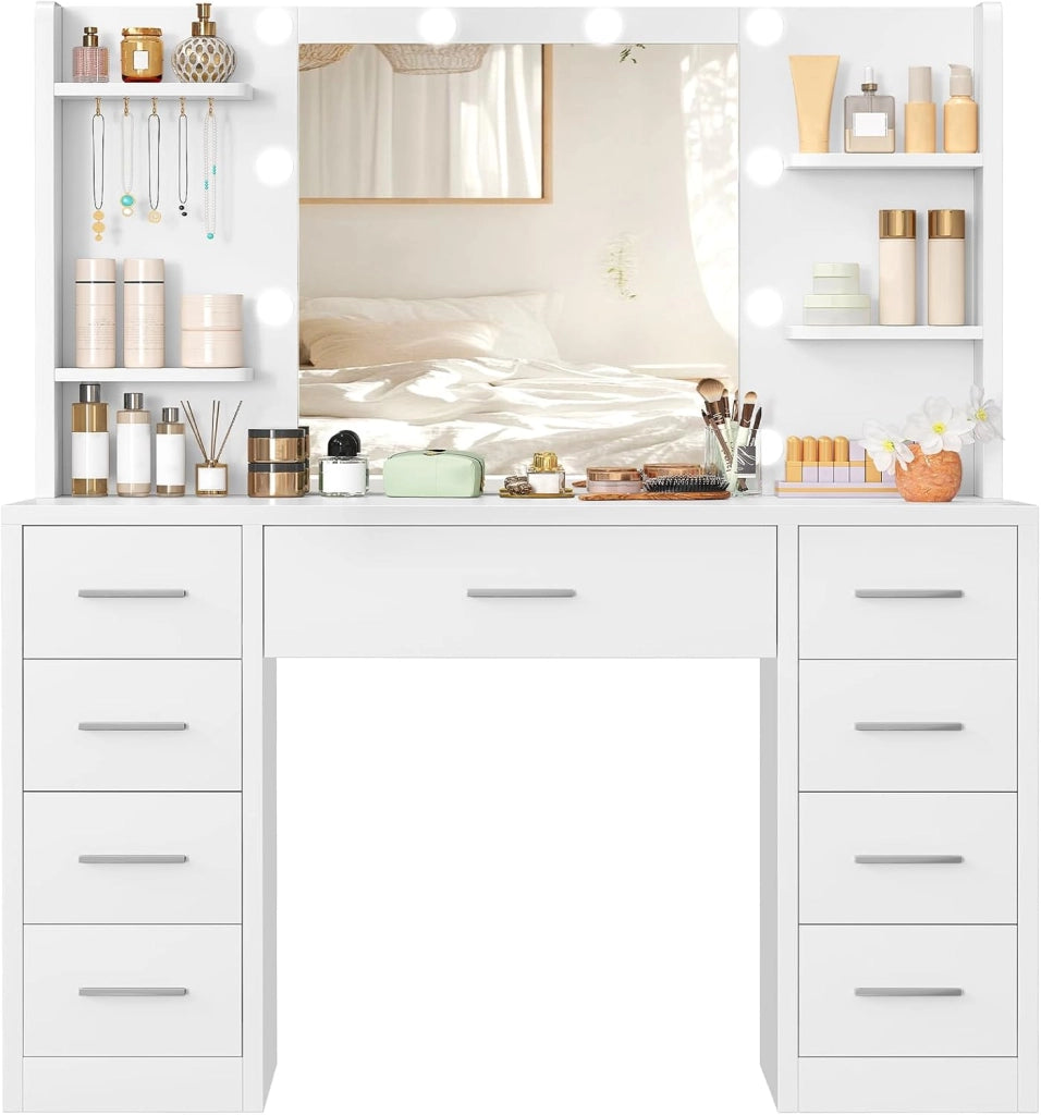 Toeletta Trucco con Luci,3 colori, luminosità regolabile, Grande Specchio, Postazione Trucco con 9 Cassetti, 4 Ripiani Aperti e 5 Ganci per Gioielli per la Camera da Letto, Bianco