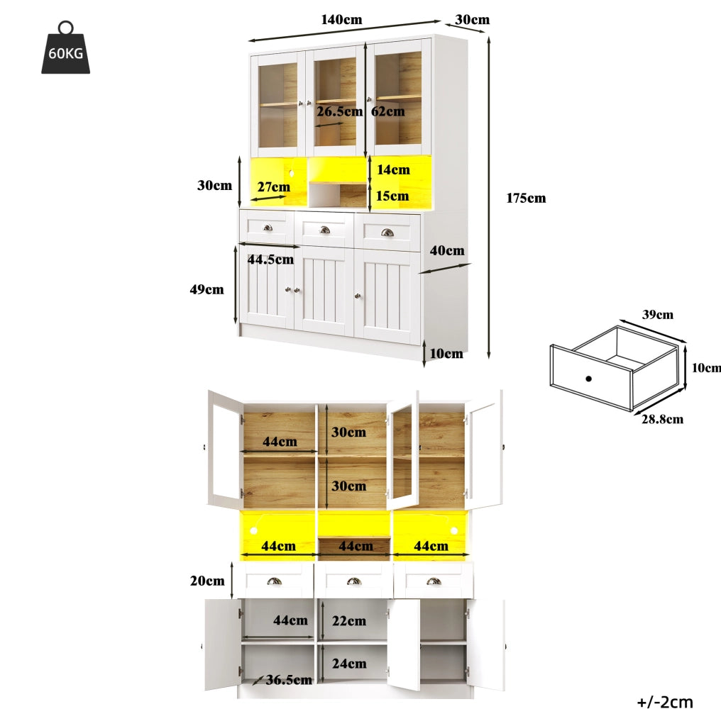 Credenza cucina con LED e ante in acrilico, 140x40x175 cm