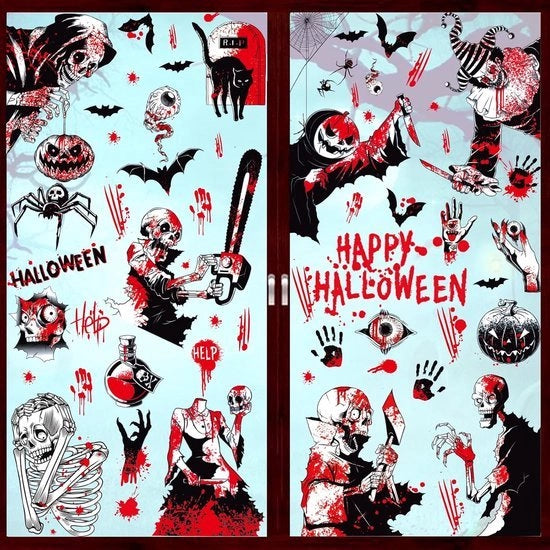 6 stampe per finestra per decorazione di Halloween, decorazioni per finestra per Halloween con scheletro e pipistrello