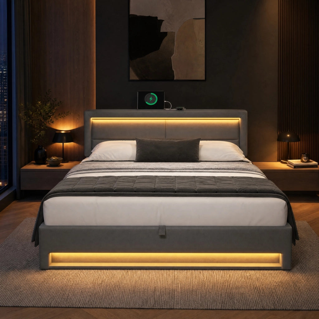 Letto imbottito 160 x 200 cm in PU grigio con USB, illuminazione LED e vano contenitore, senza materasso