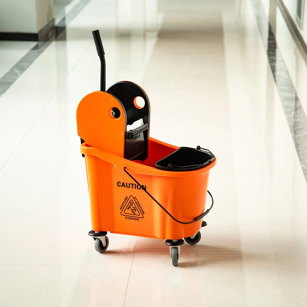 EasyComfort Secchio per Mocio Professionale 36L, Carrello Lavapavimenti con Strizzatore Manuale e 2 Secchi, Arancione e Nero