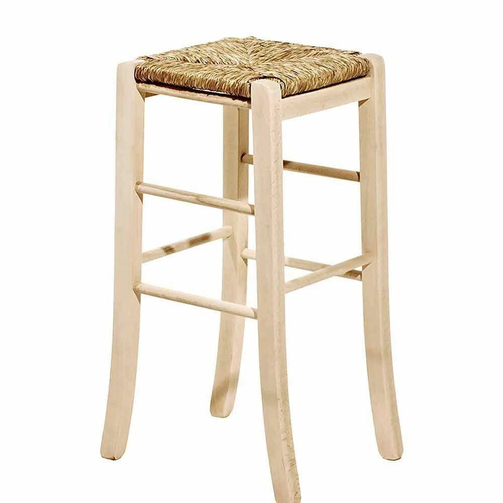 Sgabello in legno grezzo h 67 cm con seduta quadrata in paglia e piedi sciabola