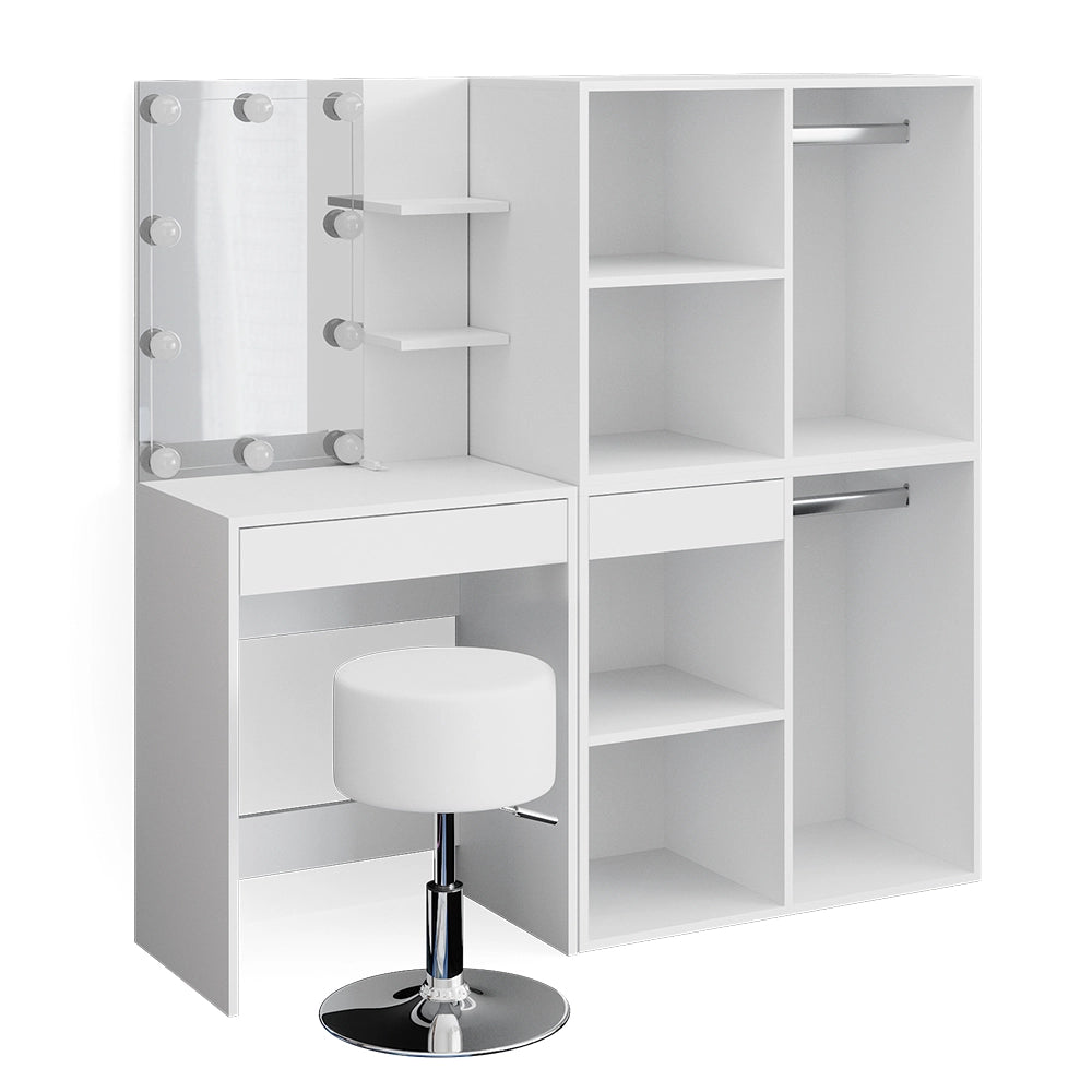 Vicco Tavolo da toeletta Bianco 140 cm con LED, sgabello e armadio