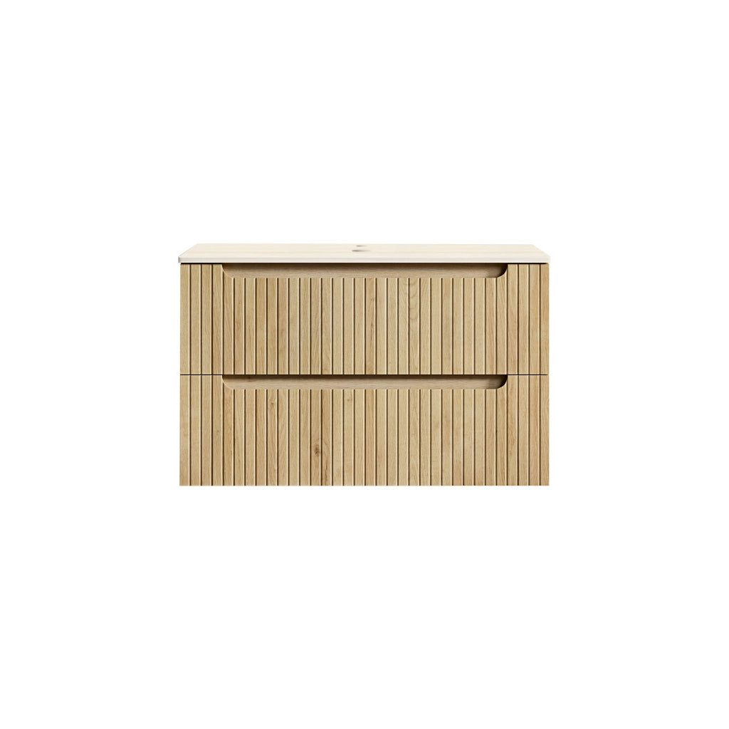 Mobile bagno sospeso con 2 cassetti e piano in pietra sinterizzata; stile moderno per bagno; rovere chiaro 89×55×61 cm