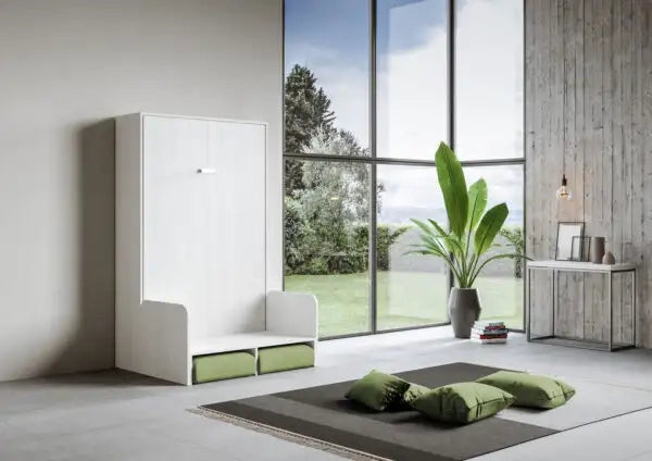 Letto una piazza e mezzo a scomparsa 120 Kentaro con divano bianco frassino, verde