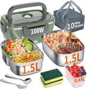 Lunchbox elettrica 100W, 3-in-1 termica portatile, contenitore in acciaio inossidabile rimovibile, box di calore isolata 12V/24V/220V per auto/truck/ufficio, con borsa isolata e spugna (verde, 1,5 L)