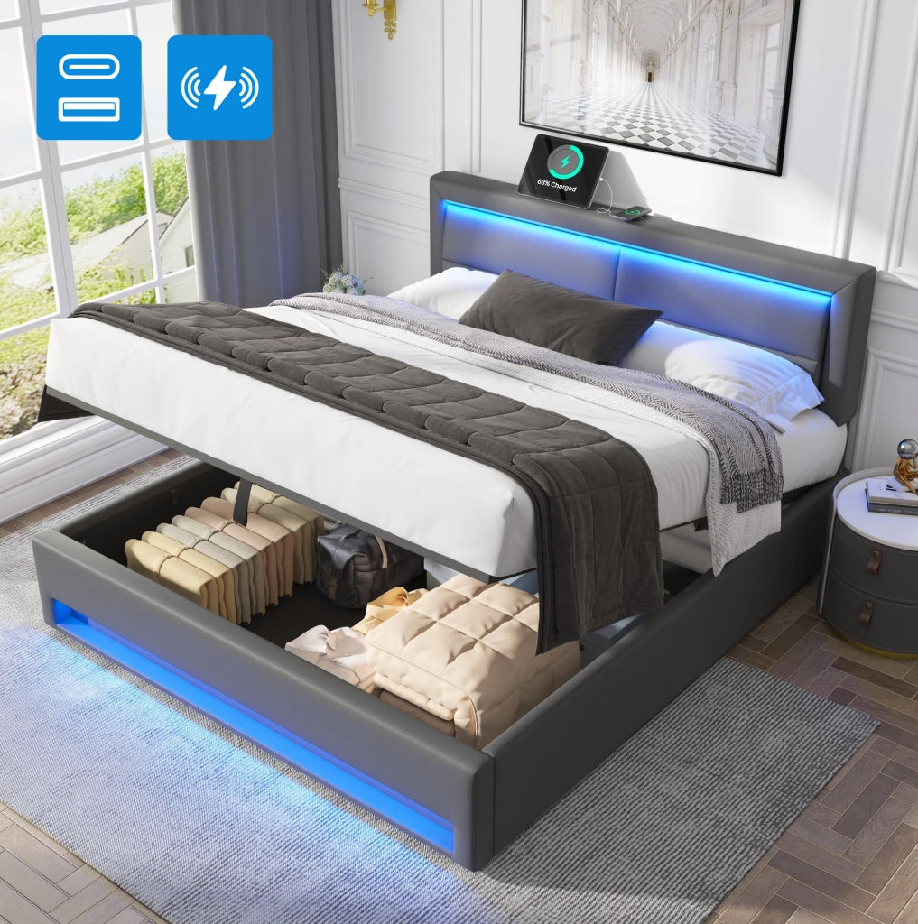 Letto imbottito 140x200 cm con USB; LED e contenitore; PU; grigio