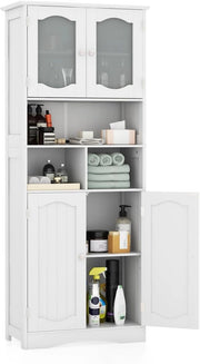 Armadietto Salvaspazio 60 x 30 x 148,5cm, Mobile Bagno con Scomparti Aperti, Scaffafli Regolabili e 2 Porte in Vetro Temprato, Armadio da Bagno per Ufficio, Soggiorno e Camera da Letto, Bianco