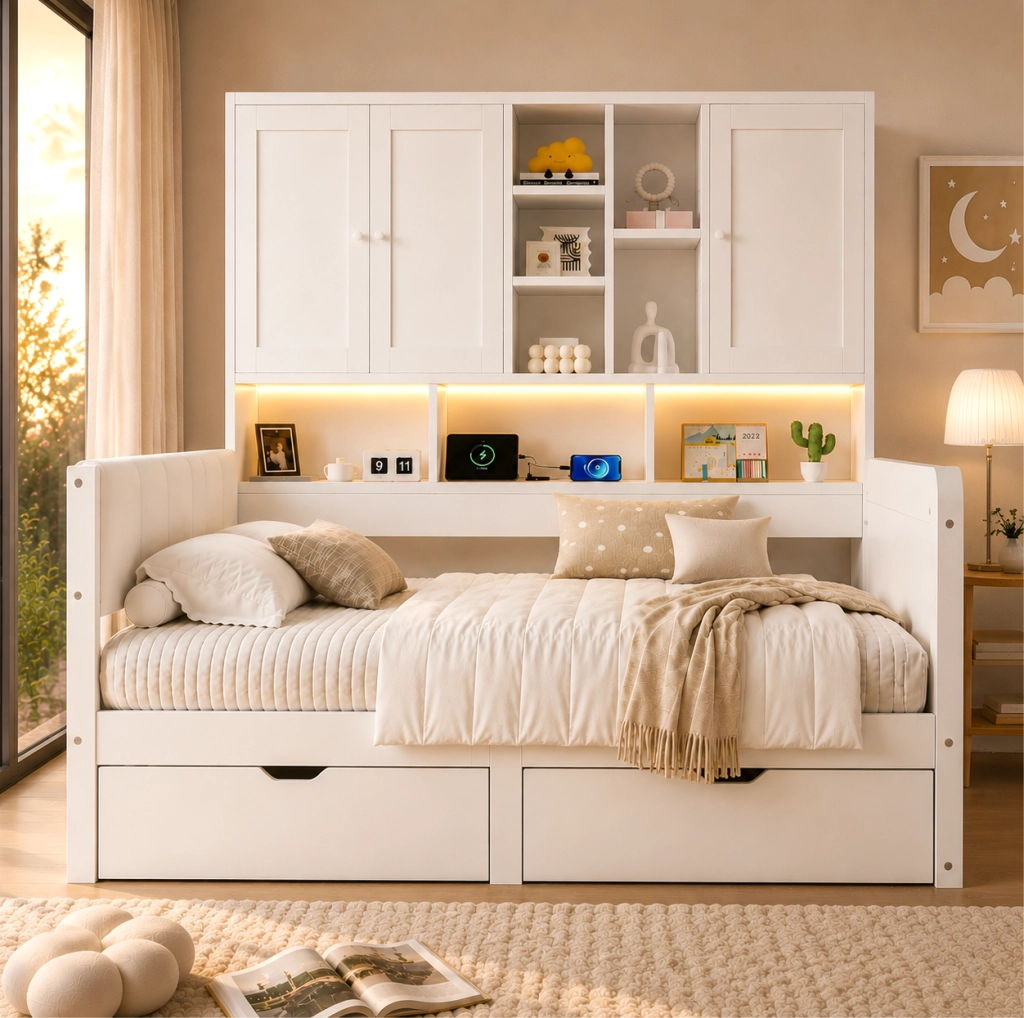 Letto singolo e matrimoniale 140x200 cm con LED; porte USB; cassetti e vani; bianco