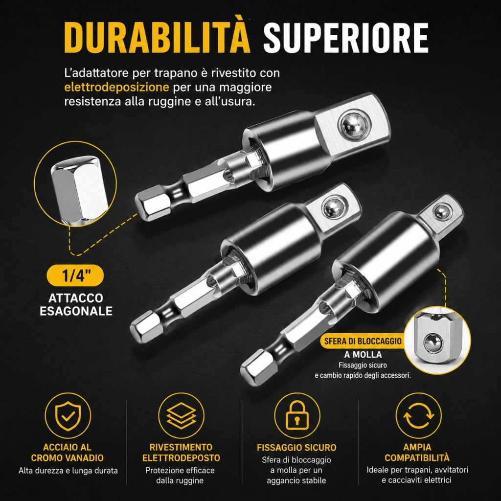 Set 3 Adattatori Per Bussola Trapano Girevoli 360° 1/4" 3/8" 1/2" Acciaio 31489