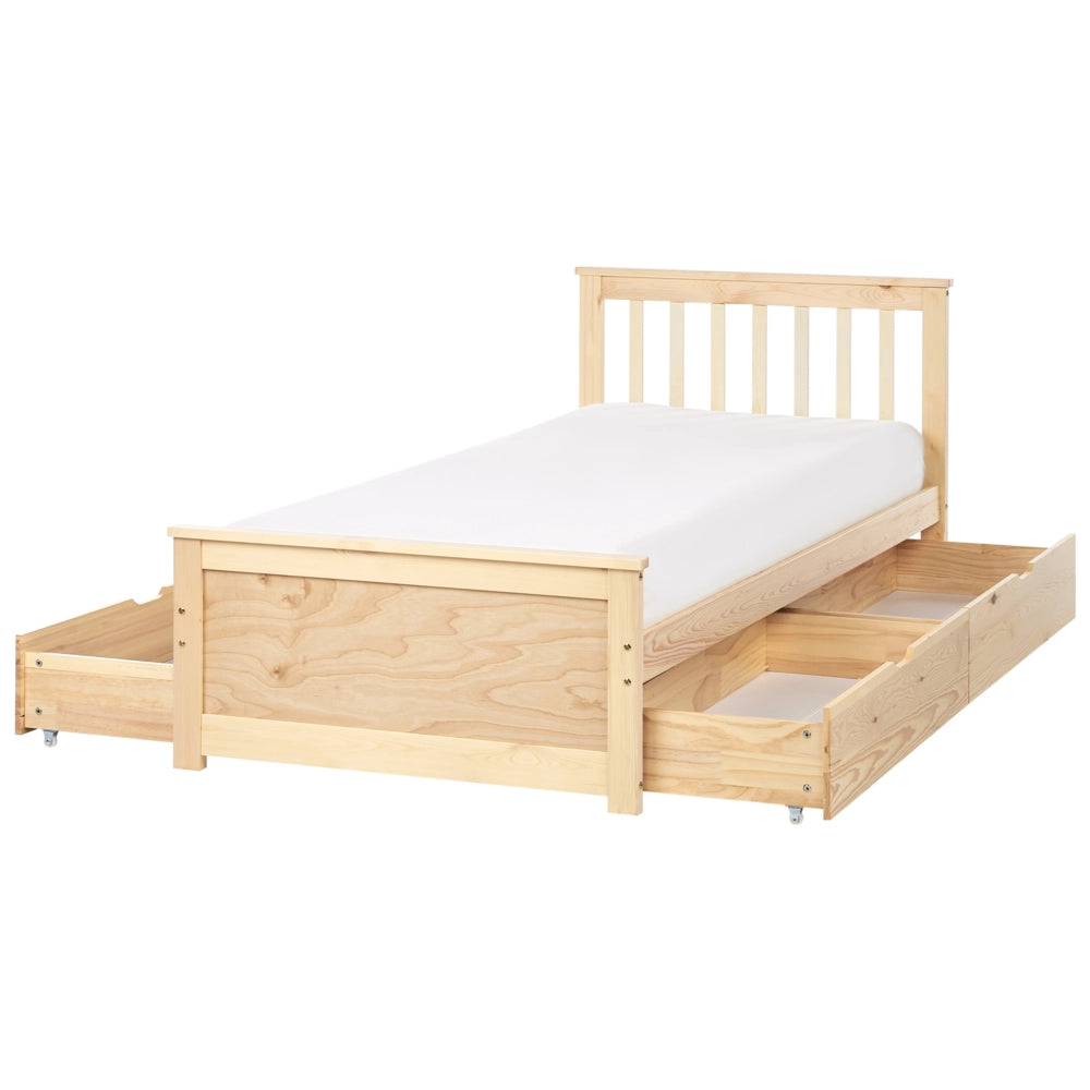 Letto con rete in pino MDF con contenitore 4 cassetti testata minimalista 90 x 200 cm marrone chiaro