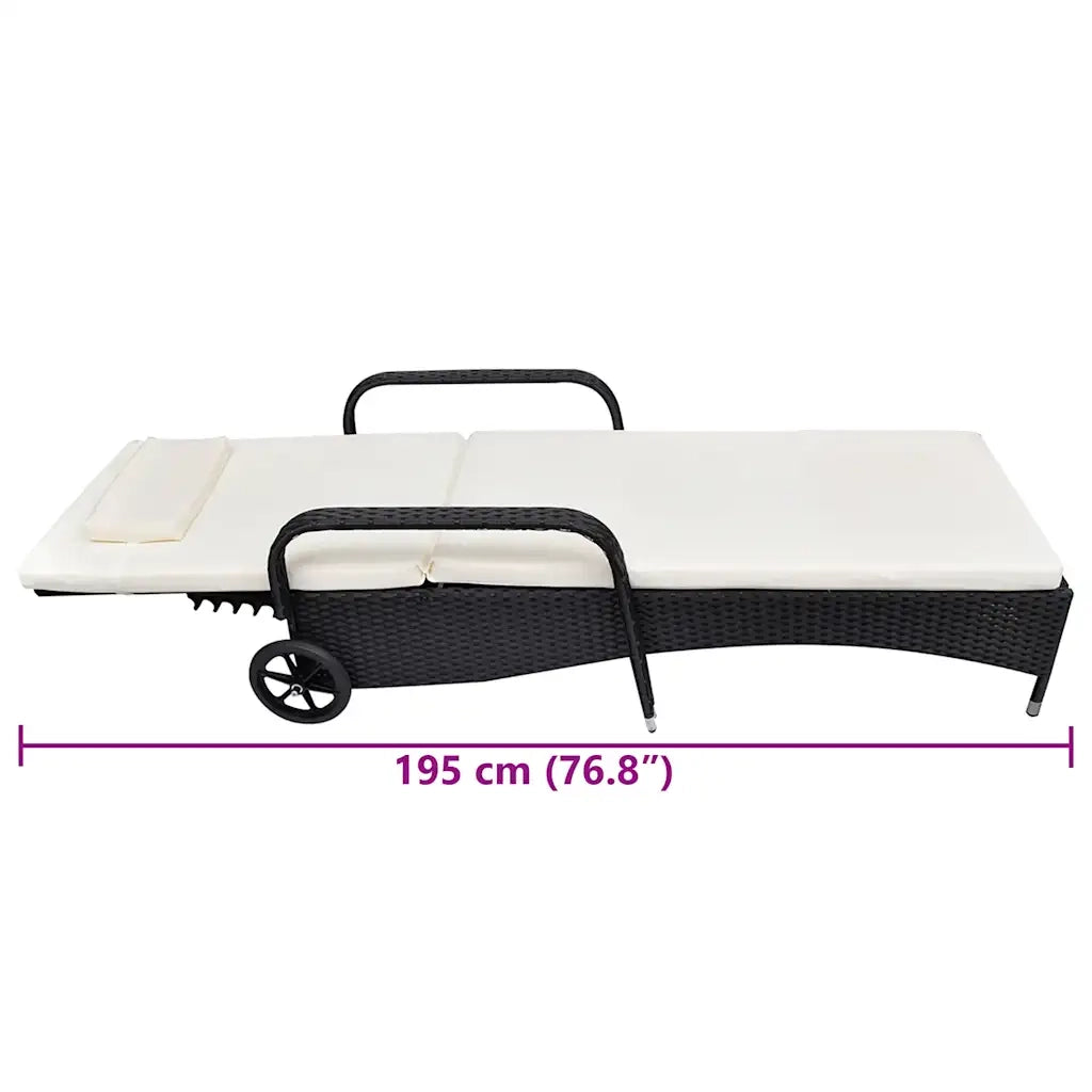 Lettino Prendisole | Sdraio da giardino | Lettino da sole con Cuscino e Ruote in Polyrattan Nero
