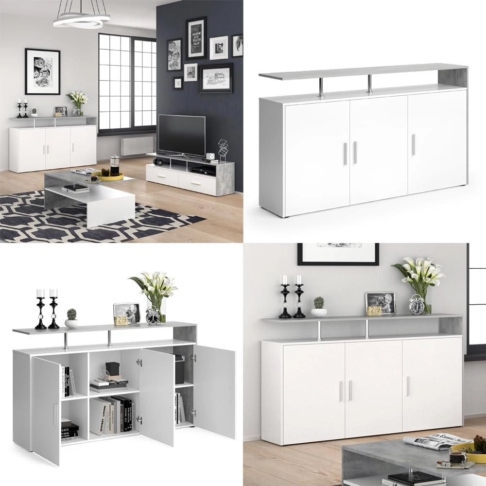 Credenza Amato, Cemento/Bianco, 35 x 91.6 cm, per la conservazione di abbigliamento e oggetti per la casa