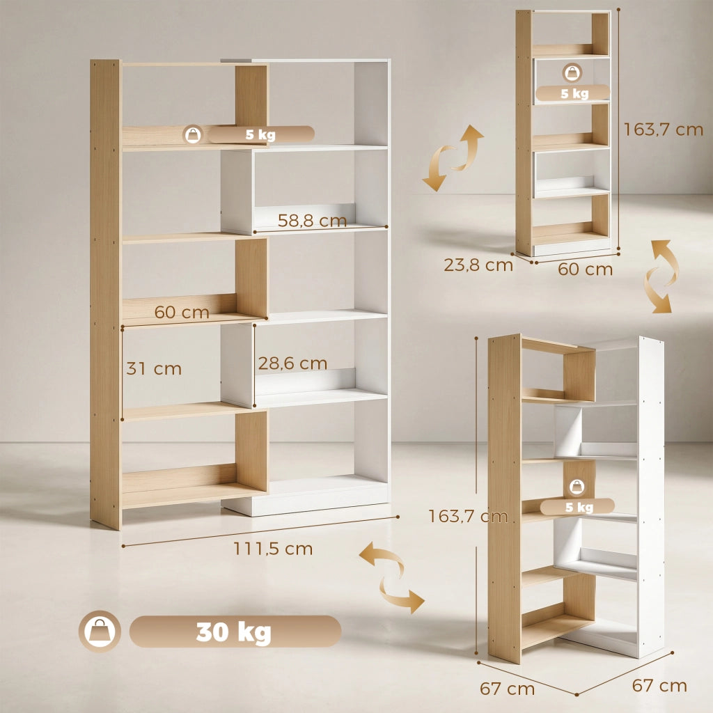 Libreria Angolare 67x67x163,7 cm a 5 Ripiani dal Design Modulabile e Salvaspazio in Legno Multicolore