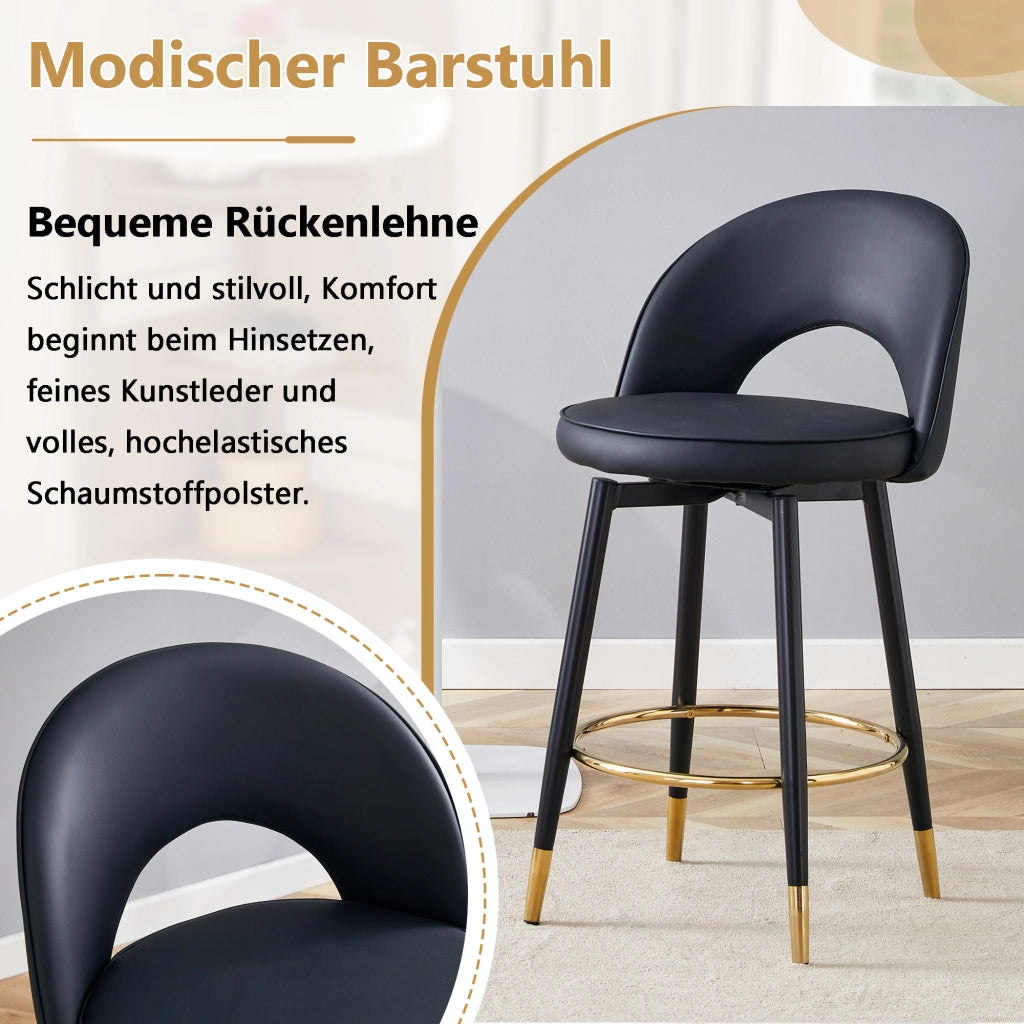 Set di 2 Sgabelli da Bar Girevoli; Schienale Traforato; per Cucina e Bancone; Metallo e Similpelle; Nero