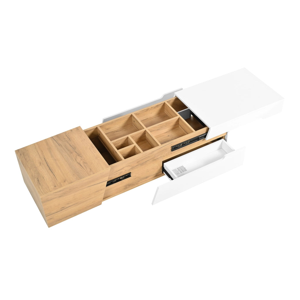 TAVOLINO DA SALOTTO Scorrevole 120x50x37,5 cm MDF Bianco e Naturale con 2 Cassetti