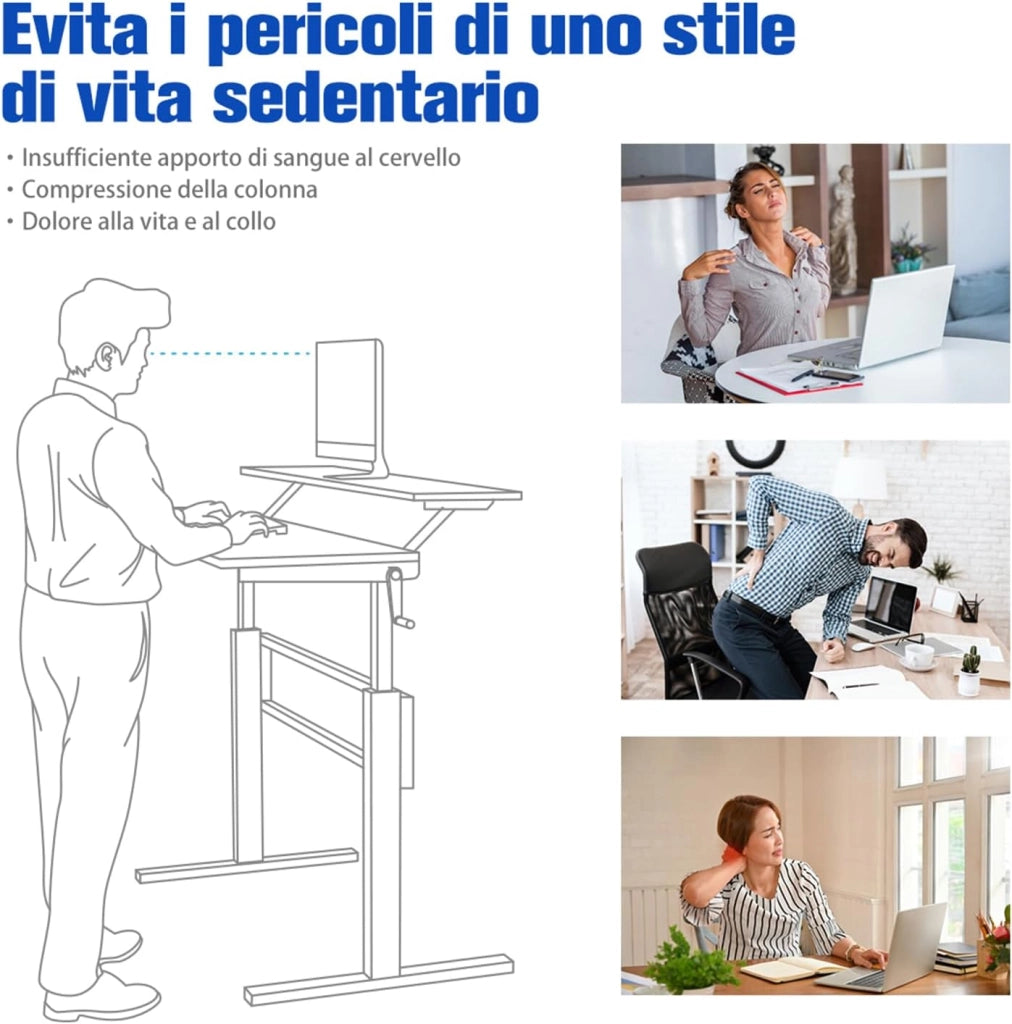 Scrivania Regolabile in Altezza, Scrivania per Computer Laptop, con Manovella, Scrivania Moderna in Acciaio e Legno, con 2 Ripiani (Marrone)