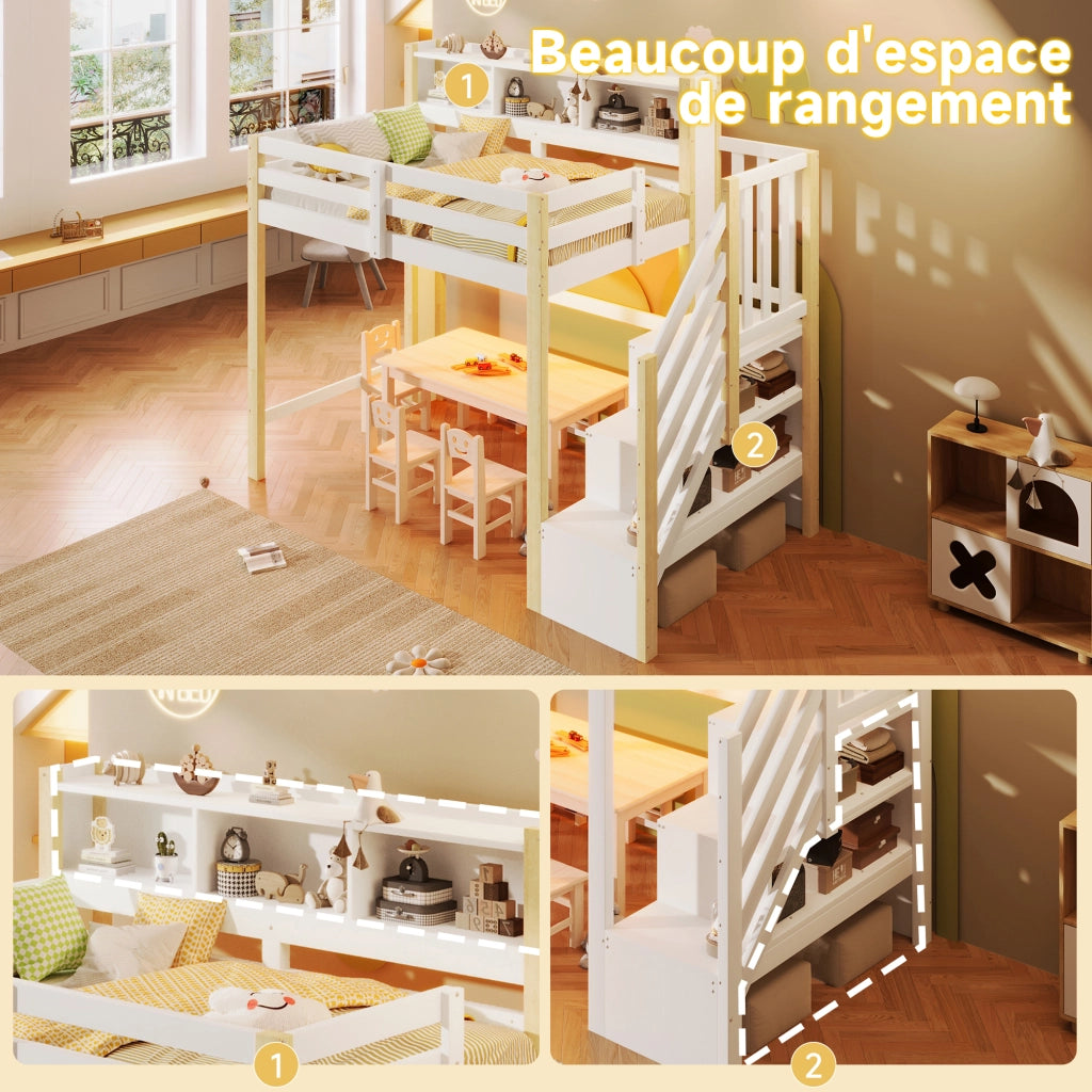 Letto alto 90x200 cm con illuminazione a LED e scaletta contenitore in pino bianco