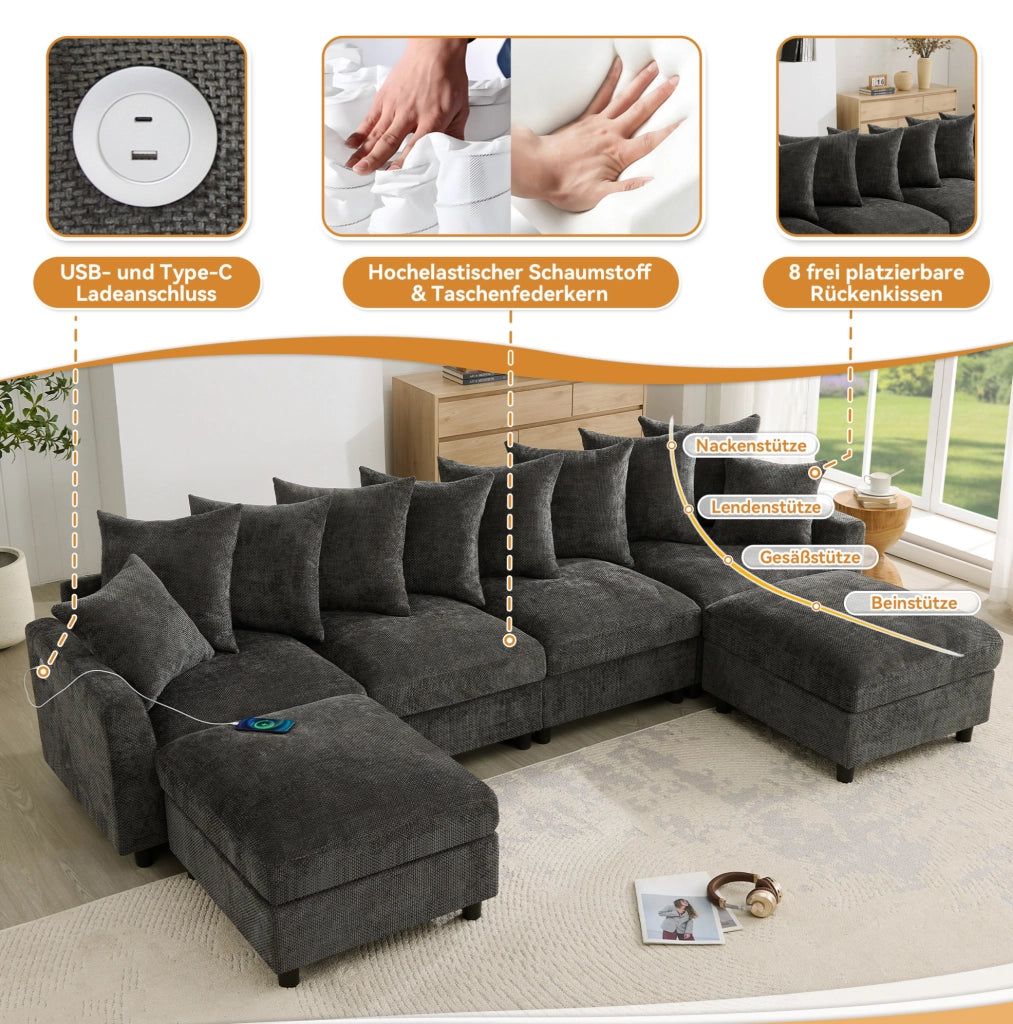 Divano angolare modulare 6 posti con USB/Type-C e 2 pouf