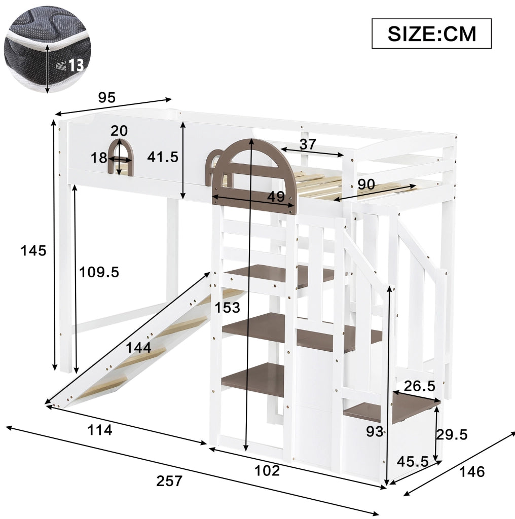Letto a soppalco per bambini 90x200 cm con scivolo e scala