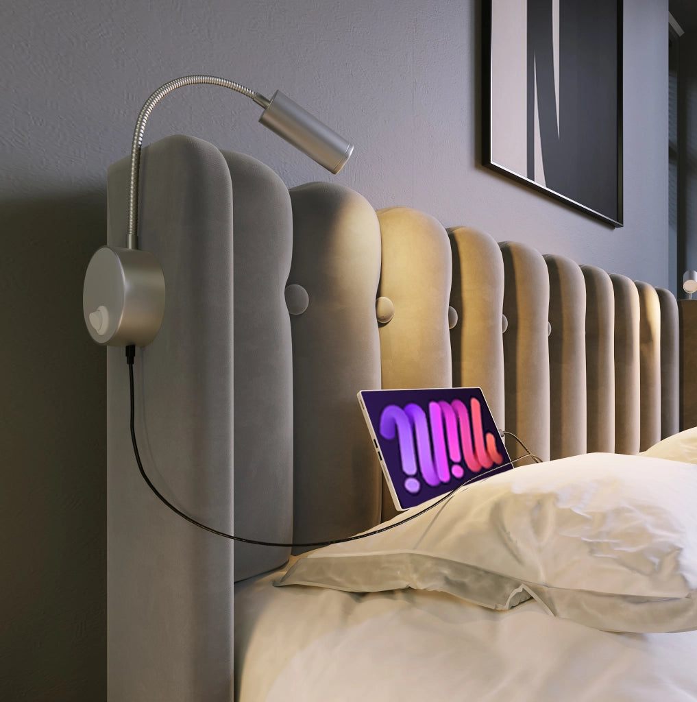 Letto matrimoniale imbottito 140x200 cm in velluto grigio con luce da lettura e USB
