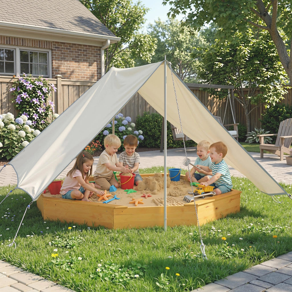 Sandbox in legno con tettoia e panche ¨C zephmum ¨C giallo, 4 posti