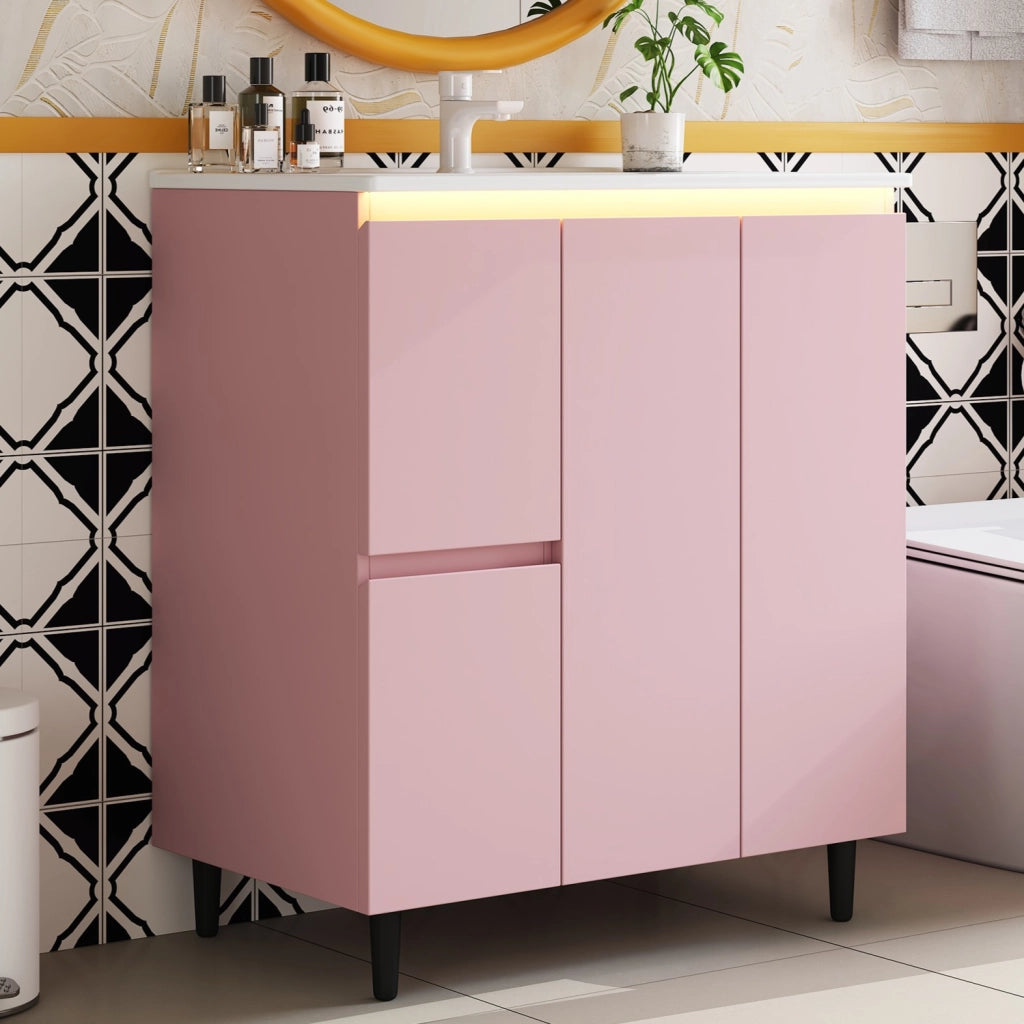Mobile bagno con 2 cassetti e lavabo integrato; LED e piedini alti per bagno; rosa; 76×47×89 cm