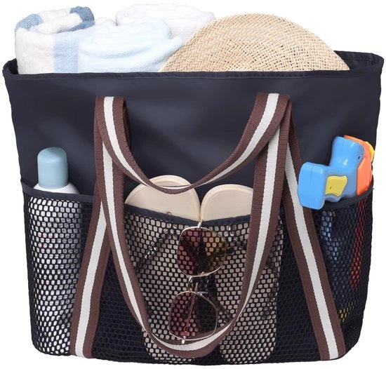 Borsa da spiaggia grande, impermeabile, resistente al sabbia, pieghevole per donne con tasche a rete per uso quotidiano in piscina - Nero bianco