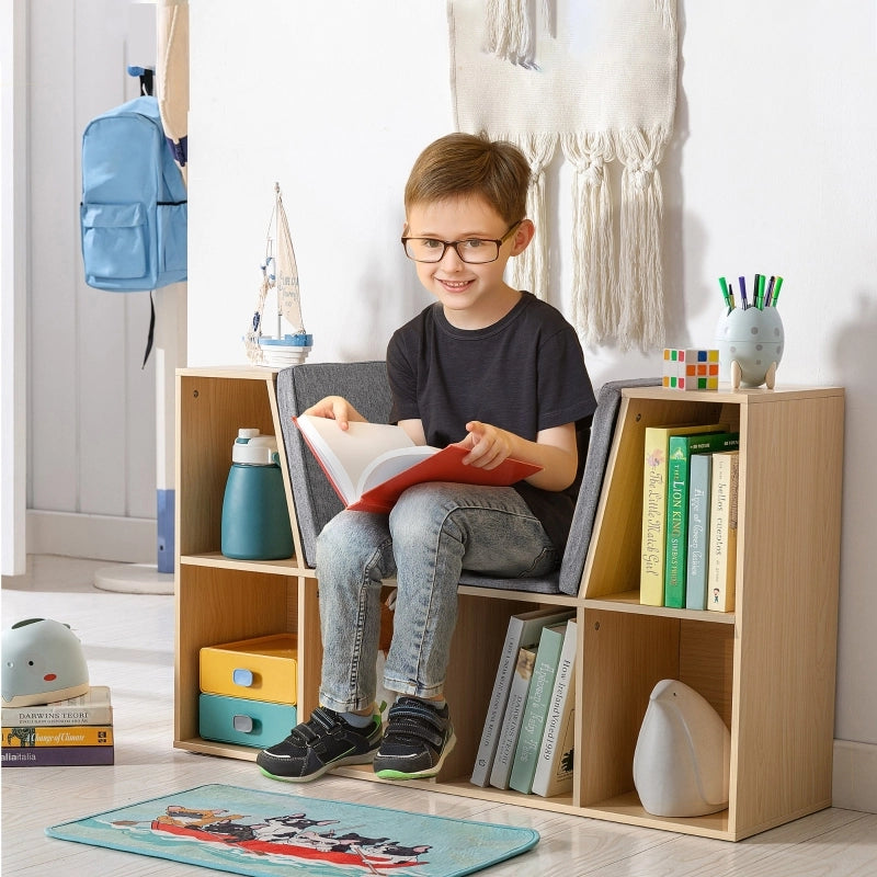 Scaffale per bambini con panca e 6 scomparti, include 3 cuscini, grigio/naturale, 103x30x62 cm, da 3 anni