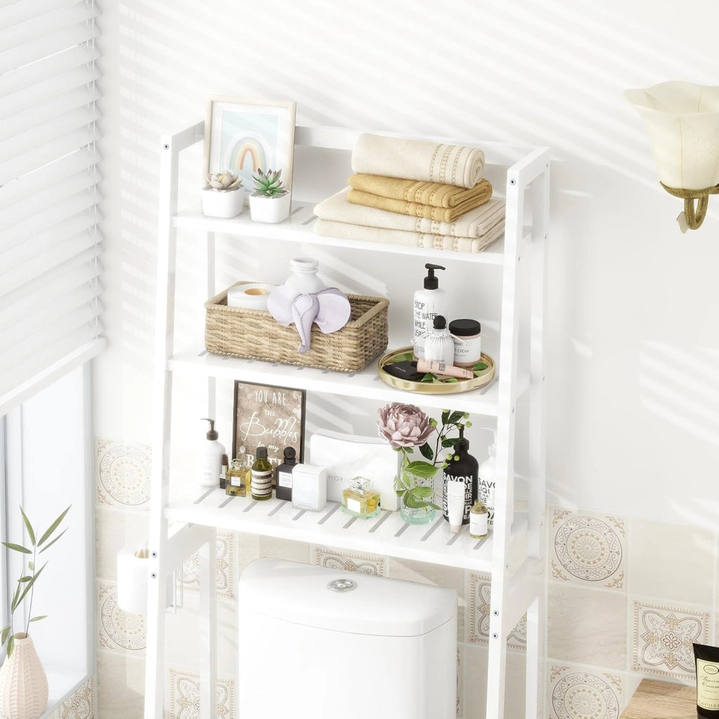 Mensola portaoggetti per bagno, 3 Livelli Sopra Scaffale per lavatrice, organizzatore di spazio per il bagno, autoportante sopra la toilette con porta carta igienica e ganci (bianco)