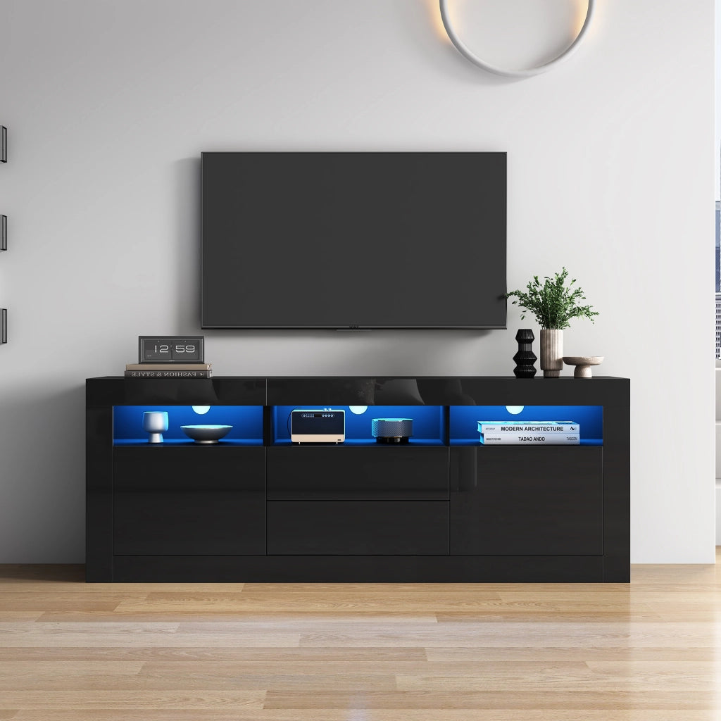 Mobile TV lucido nero 160¡Á35¡Á60 cm con 3 vani aperti, 2 ante, 2 cassetti e LED Bluetooth