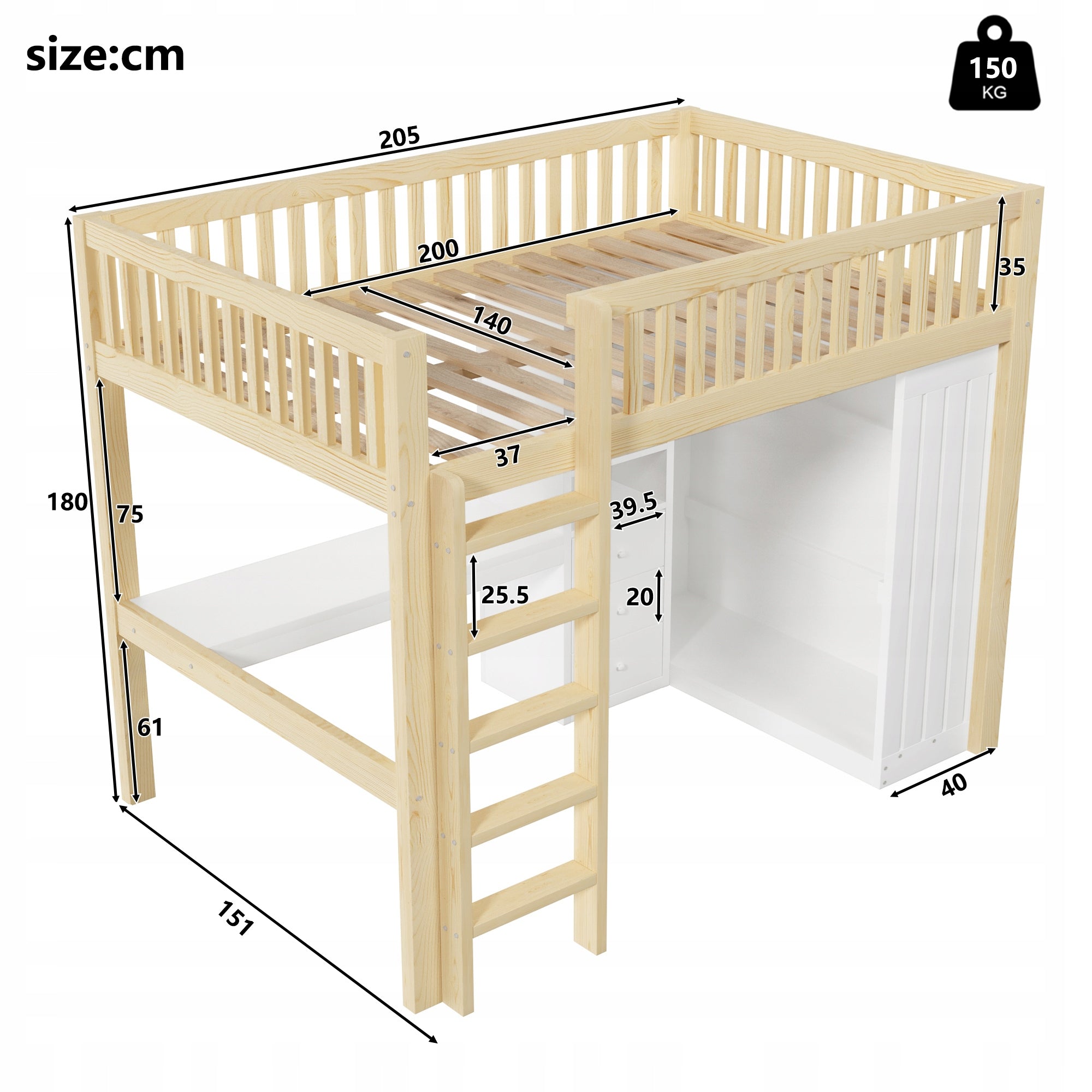 Letto a castello con scrivania e armadio - Xylo - 140x200 cm con cassetti